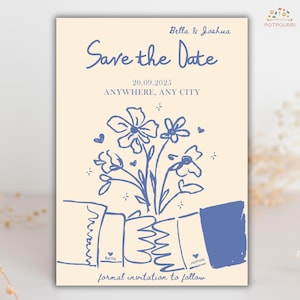 Bearbeitbare Hand gezeichnete Save the Date Einladung, handgeschriebene Save the Dates, illustrierte Save the Date Vorlage, bunte Hochzeitseinladung