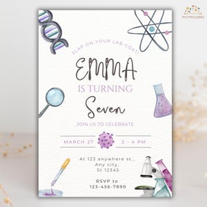 Science Birthday Invitation, Editable Mad Scientist Invitation, Science Theme Party, Lab Experiment, Girl Science Party Invitation Template