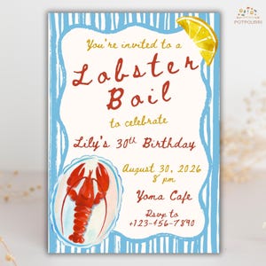 Seafood Party Birthday Invitation, Editable Hand Drawn Lobster Boil Invitation, Crab Boil and Lemon, Striped Instant Digital Download
