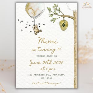 Editable Winnie the Pooh Birthday Invitation, Hand Drawn Bear Invite, Custom Kids Party Invitation, Illustrated Pooh Invitation Template