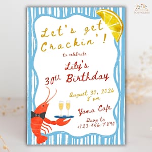 Editable Seafood Boil Invitation, Lobster Boil Party Invite, Striped Hand Drawn Crab Birthday, Coastal Summer Dinner Menu Template