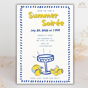 Editable Summer Soiree Invitation, Lemon Cocktail Party, Hand Drawn Garden Invite, Bachelorette Picnic Template, Summer Party Invitation