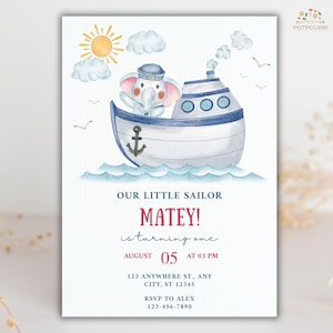 Nautical Birthday Invitation for Kids, Editable Ocean 1st Birthday Invite, Sailor Baby Party, Adventure Invite, Sailboat Birthday Invitation