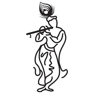 May include: Black and white line drawing of a Hindu deity playing a flute. The deity is wearing a headdress with a feather and a long robe.