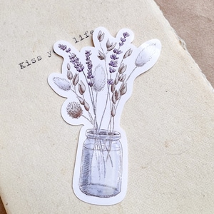 Buquê de flores silvestres boho em frasco de vidro com adesivo recortado: presente para diário, bullet journal e decoração de planner. Ilustrado com aquarela digital.