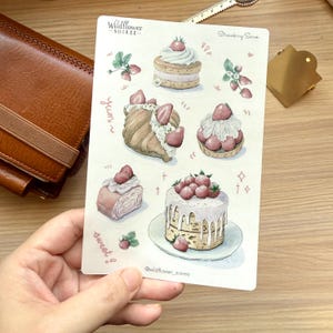 Frosted Clear Matte Sticker Sheet | Strawberry Dessert, Decorative Stickers, Original Artwork Handmade, for Planners Journals, Scrapbooking