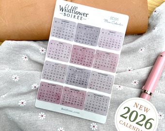 Minikalender Nieuwjaar 2026 planner BUJO Journaling stickervel stationaire verslaafde levering stoffige roze roze aquarel klein cadeau voor haar