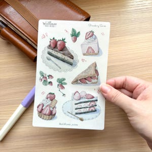 Foglio di adesivi / Dessert alla fragola, Trasparente satinato opaco, Arte digitale, Junk journaling, Decorazione per quaderno, Design originale, Alta qualità