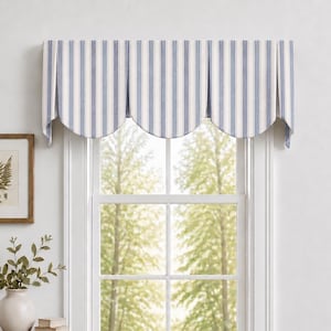 May include: A window valance featuring a vertical blue and white striped pattern with a scalloped bottom edge and box pleats. The fabric valance is mounted at the top of a window frame, displaying a structured design with clean, uniform folds.