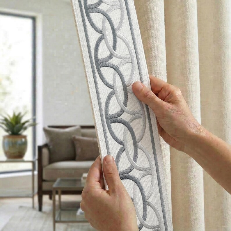 Geometric Embroidered Curtain Border, Interlocking Circle Ribbon, 4 ...