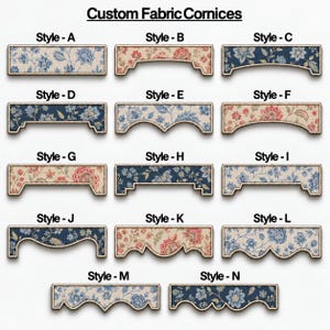 May include: A collection of fourteen custom fabric cornices labeled Style A through Style N. Each cornice features a unique rectangular or scalloped bottom edge and is upholstered in floral patterned fabric in shades of blue, cream, and red.