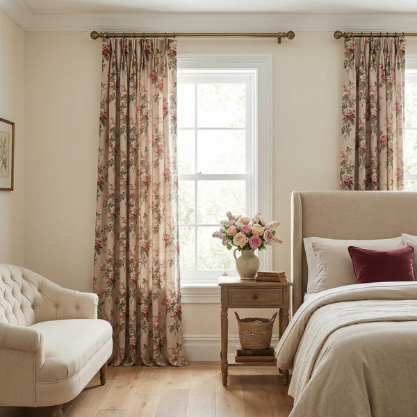 Custom Floral Curtains, English Cottage Rose Linen Drapes, Vintage Flower Window Treatments, Shabby Chic Bedroom Panels, 4 Colors