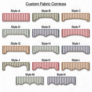 May include: A collection of fourteen custom fabric cornices labeled Style A through Style N. Each cornice features a vertical striped pattern in various colors including red, green, tan, and blue, with distinct bottom edge shapes and cutouts.