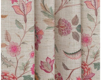 Pinch Pleated Floral Print Curtains, Red Floral Curtains, Tangerine Green Custom Curtains, Extra-Long Pleated Curtains, Pink Floral Curtains