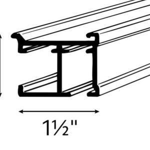 May include: A black metal channel with an I-beam profile. The channel is 1 1/2 inches wide and 1 1/16 inches high. The image shows a cross-section of the channel, highlighting its shape and dimensions.