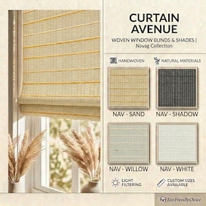 May include: Curtain Avenue woven window blinds and shades from the Navag Collection. The display shows a light tan blind installed on a window and four colour swatches labelled Nav-Sand, Nav-Shadow, Nav-Willow, and Nav-White. Features include handwoven natural materials, light filtering, and custom sizes available.