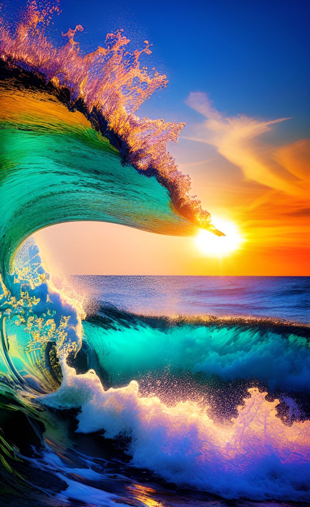 Beautiful Colorful Ocean Waves Sunset Art Blue Sky Clouds Water 