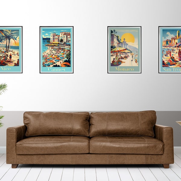 French Riviera Dream Collection: Set of 4 Vintage-Style Travel Posters - Cannes, Saint-Tropez, Monaco and Nice - Coastal Charm & Glamour