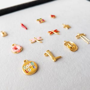 May include: A collection of small gold-toned metal charms featuring various shapes including a pink donut, a red chili pepper, a cowboy boot, a cowboy hat, dragonflies, a star, a lock, and a round charm with the colorful text GOOD LUCK.