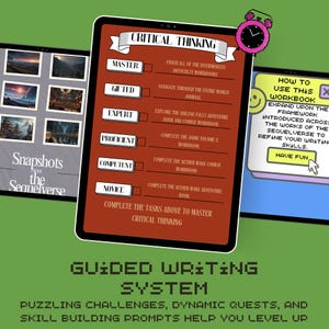 May include: Three digital tablets on a green background. One tablet displays a "Critical Thinking" checklist, another shows "Snapshots from the Sequelverse", and the third offers writing prompts. A pink pixelated clock is at the top.