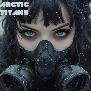 May include: Close-up of a person wearing a black gas mask. The person has black hair and striking blue eyes. The text "ARCTIC TITANS" is displayed in light blue at the top of the image. The image has a futuristic, dystopian theme.
