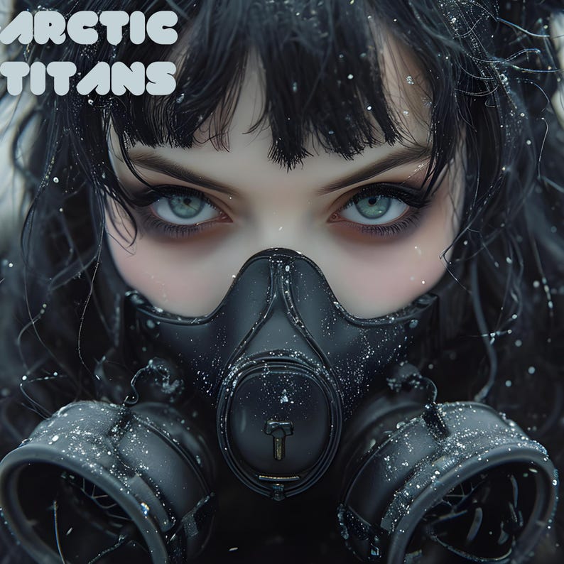 May include: Close-up of a person wearing a black gas mask. The person has black hair and striking blue eyes. The text "ARCTIC TITANS" is displayed in light blue at the top of the image. The image has a futuristic, dystopian theme.