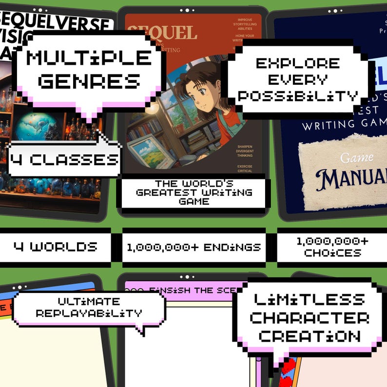 May include: A digital illustration promoting a writing game, featuring multiple tablets with text bubbles. The bubbles display phrases like "Multiple Genres," "Explore Every Possibility," and "Limitless Character Creation." Other text includes "The World's Greatest Writing Game."