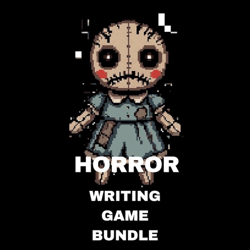 May include: A pixel art doll with stitched features and a blue dress, set against a black backdrop. The words "HORROR WRITING GAME BUNDLE" are written below the doll in white text.