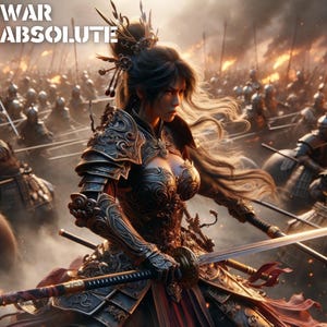 May include: An illustration of a warrior in ornate armor, holding two swords, amidst a battlefield. The image features the text "WAR ABSOLUTE" at the top. The warrior is the focal point, with a determined expression and detailed armor.