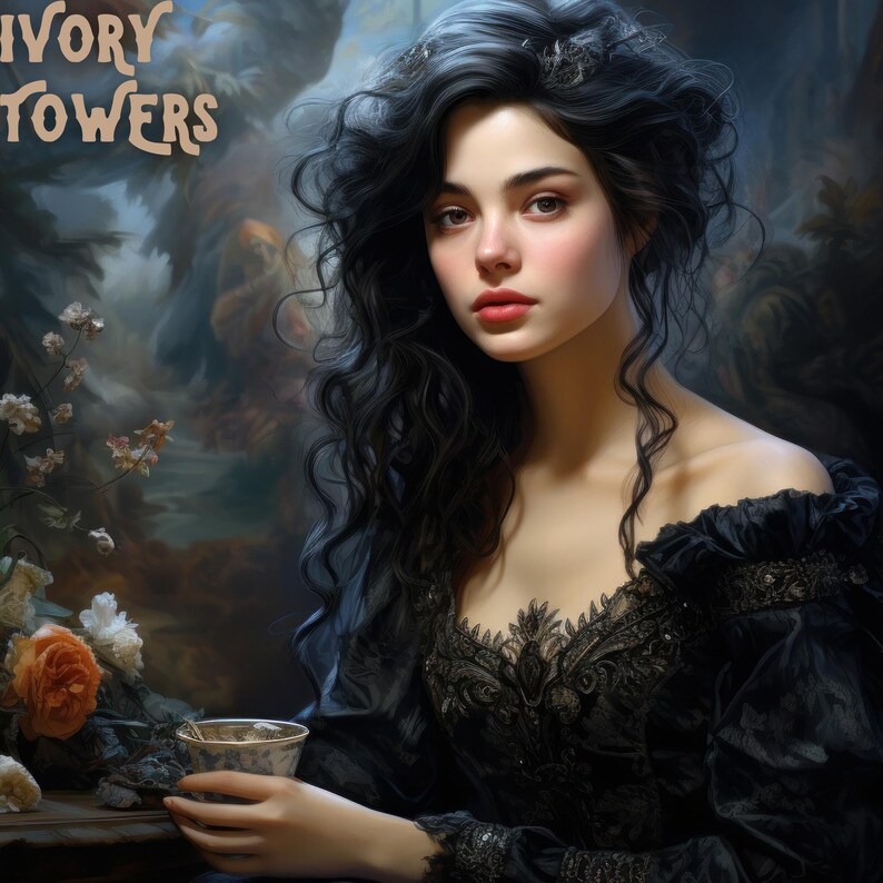 May include: A portrait of a woman with long, dark, wavy hair, wearing a black off-the-shoulder dress with lace detailing. The image includes the text "IVORY TOWERS" in the upper left corner. She holds a small teacup.