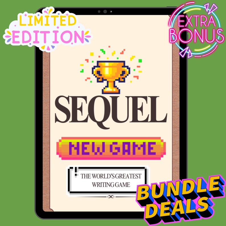 May include: A digital tablet displays the game "Sequel" with a pixelated trophy and confetti. The words "New Game" are in a colorful banner. The text "Limited Edition," "Extra Bonus," and "Bundle Deals" are also present.