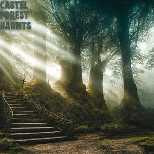 May include: A digital artwork depicting a forest with a stone staircase. The text "CASTEL FOREST HAUNTS" is visible. Sunlight filters through the trees, creating a mystical and atmospheric scene. The image evokes a sense of mystery.