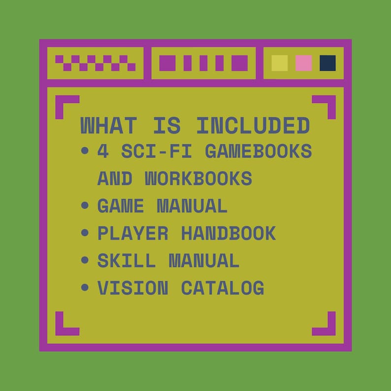 May include: A retro-style graphic on a green background lists the contents of a sci-fi game set. The text, in a pixelated font, includes "4 SCI-FI GAMEBOOKS AND WORKBOOKS," a "GAME MANUAL," and more. The design uses purple, yellow, and pink.