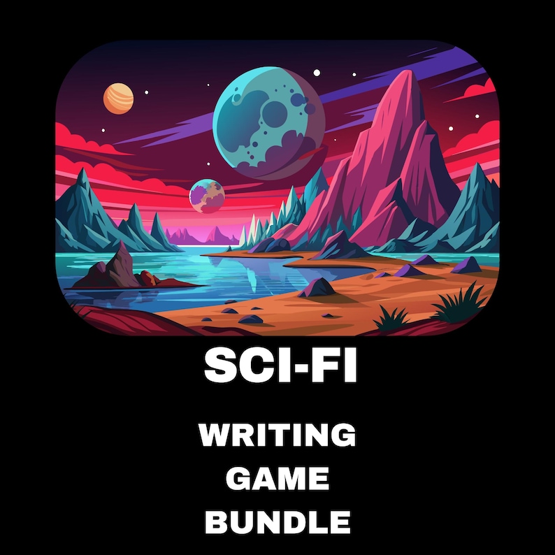 May include: A digital illustration of a sci-fi landscape with a lake, mountains, and planets in the sky. The text "SCI-FI WRITING GAME BUNDLE" is displayed in white letters at the bottom of the image.