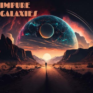 May include: Digital art depicting a person walking down a road towards a bright sun. The sky is filled with a vibrant nebula and planets. The words "IMPURE GALAXIES" are at the top of the image.