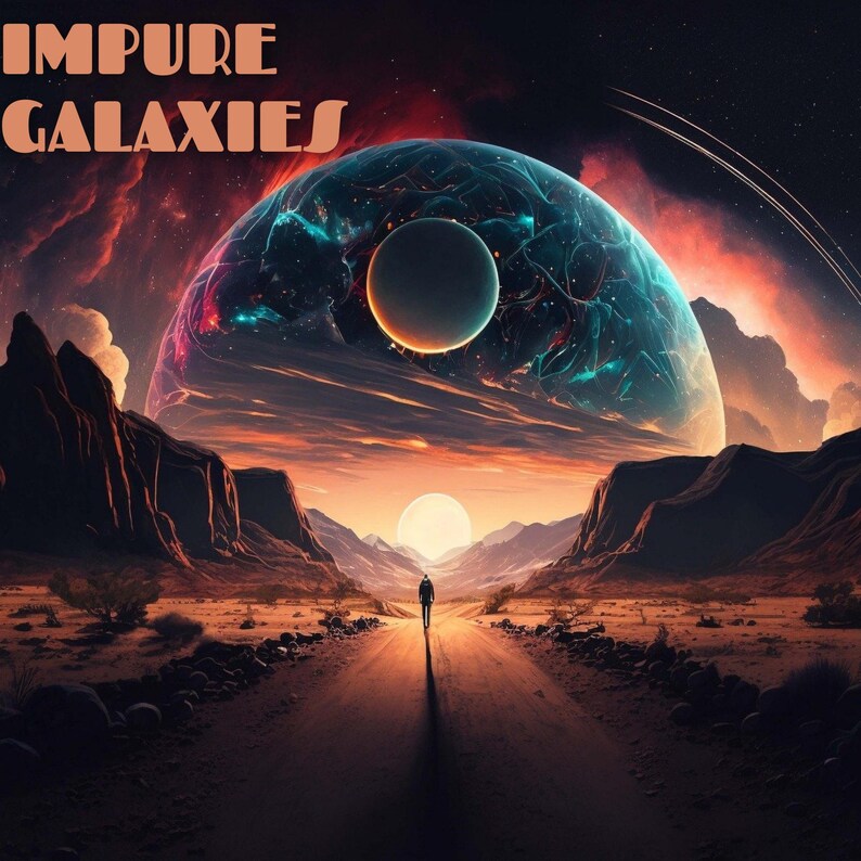 May include: Digital art depicting a person walking down a road towards a bright sun. The sky is filled with a vibrant nebula and planets. The words "IMPURE GALAXIES" are at the top of the image.