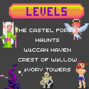 May include: Pixel art graphic with the word "LEVELS" in a yellow and pink banner. The image features pixelated characters and text including "THE CASTEL FOREST", "HAUNTS", and "WICCAN HAVEN".