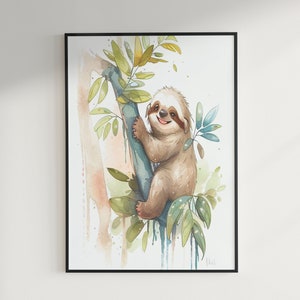 Cute Happy Sloth Animal Photo Print, SHIPPED Ready-to-frame Nursery Art Woodland Animal, Nursery Decor Wall Art