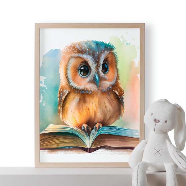 Cute Reading Owl Animal Photo Print, SHIPPED Ready-to-frame Nursery Art Jungle Animal, Nursery Decor Wall Art