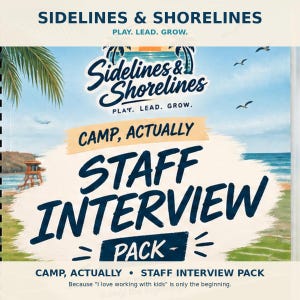 Op de afbeelding: Een spiraalgebonden document getiteld Sidelines & Shorelines: Camp, Actually Staff Interview Pack. De omslag toont een strandscène met palmbomen, een strandwachtstoel en vogels, met de tekst Play. Lead. Grow. en een ondertitel over werken met kinderen.
