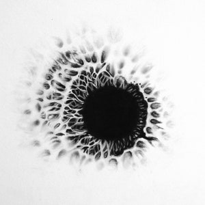 May include: A black and white abstract drawing of a circle with a black center and a white halo around it.