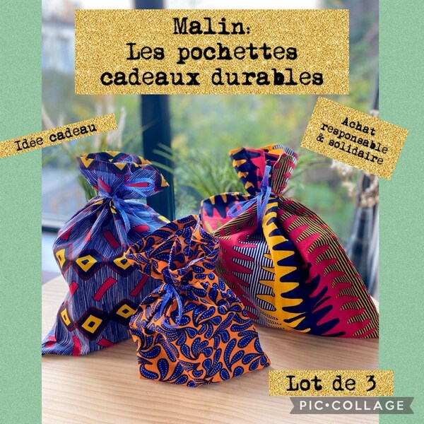 Lot de 3 pochettes cadeaux Wax réutilisables à chaque Noël ou anniversaire