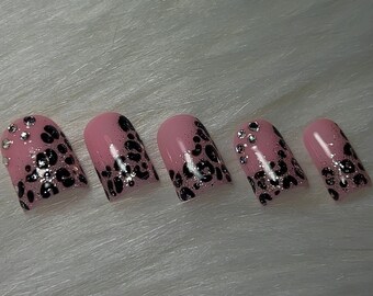 Cheetah Y2K MCBLING Press On Nails - High Quality MULTIPLE SHAPES Options - Glitter, Bling Rhinestones - Pink Black and Silver Gel Nail Art