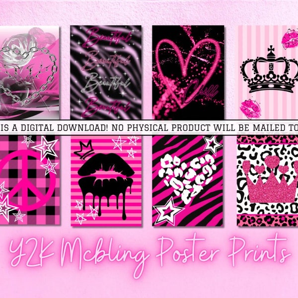 Y2K MCBLING Poster Prints Instant DIGITAL DOWNLOAD (No Mailing) - Pink & Black Zebra Cheetah Barbiecore Aesthetic - Includes 5 Sizes!