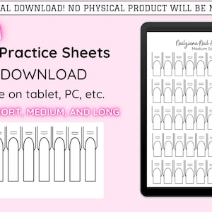 May include: Digital download of nail art practice sheets for square shaped nails. The sheets include short, medium, and long nail shapes. The text "Nailgiana Nail Art Planner Medium Square" is at the top of the sheet.