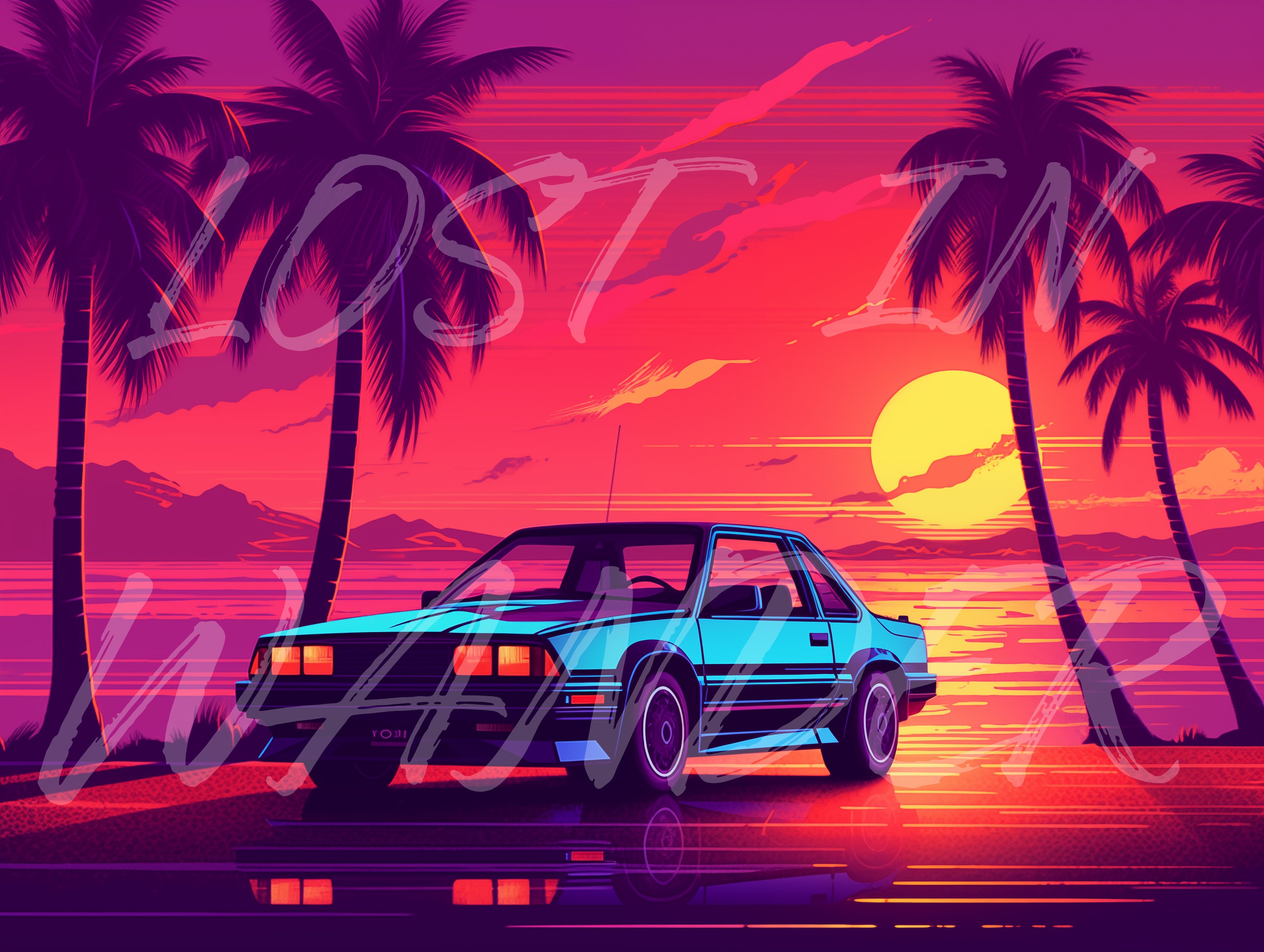 Retro Wave Car Print, Wallpaper, Digital Download, Car, Retro