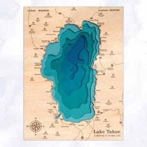 Topografische kaart Lake Tahoe, Californië, Nevada, gegraveerd en geschilderd | Handgemaakt huisdecor | Lokaal cadeau Tahoe | Uniek housewarmingcadeau