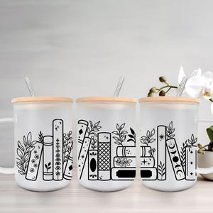 Floral Books Mug: 15oz Tumbler with Handle, Bamboo Lid & Straw