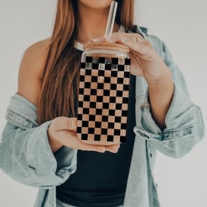 Checkered | UVDTF | 20 oz Libbey Can Glass with Bamboo Lid & Straw | Optional Laser Engraved Lid to Match Design