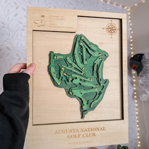 Carte topographique du parcours de golf d'Augusta National, cadeau d'art mural en bois gravé et teinté pour les amateurs de golf